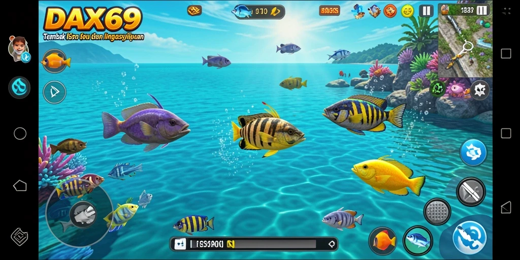 Tampilan gameplay DAX69 dengan aksi menembak ikan yang seru.