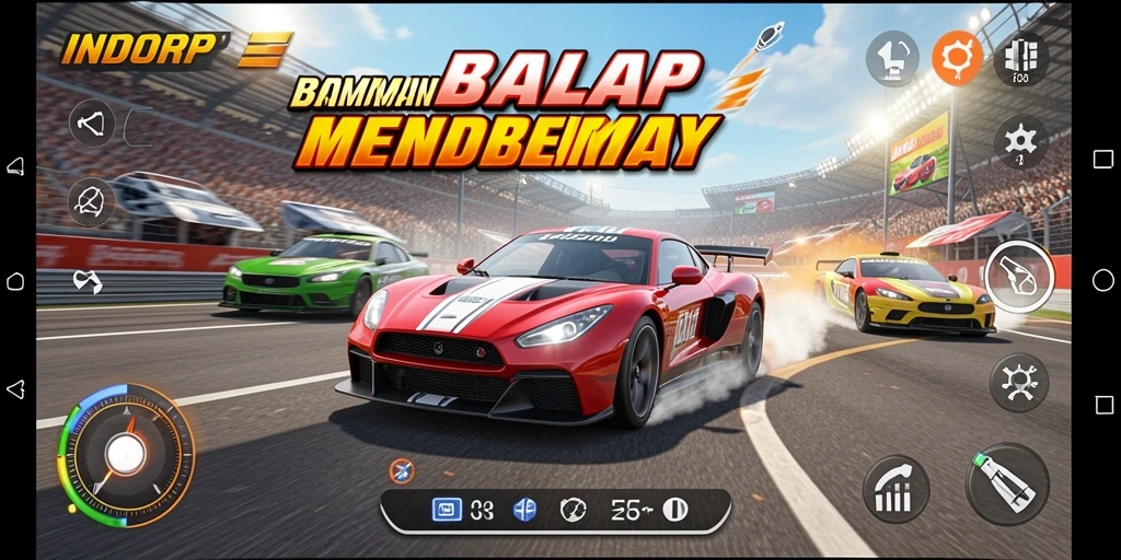 Screenshot INDORP menampilkan aksi balapan mobil yang memikat dan mendebarkan.