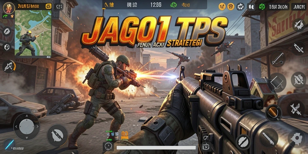 Tangkapan layar utama JAGO11 menampilkan aksi pertempuran seru dalam gameplay TPS.
