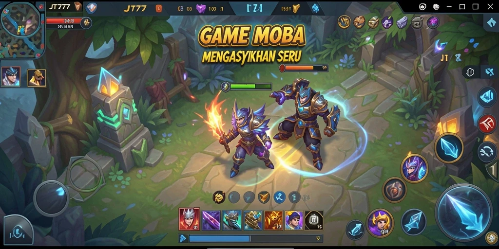 Tampilan gameplay seru di JT777 dalam pertarungan MOBA.