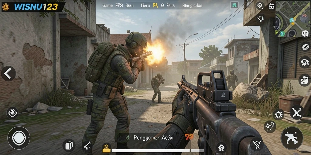 Screenshot menampilkan gameplay intens dari WISNU123 dengan aksi tembak-menembak yang seru.